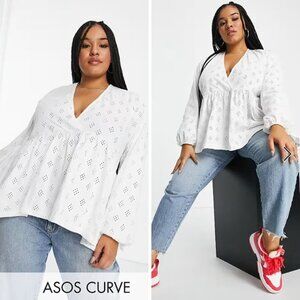 ASOS Curve Broderie Eyelet Smock with Blouson Long Sleeve and Tie Back - Size 18